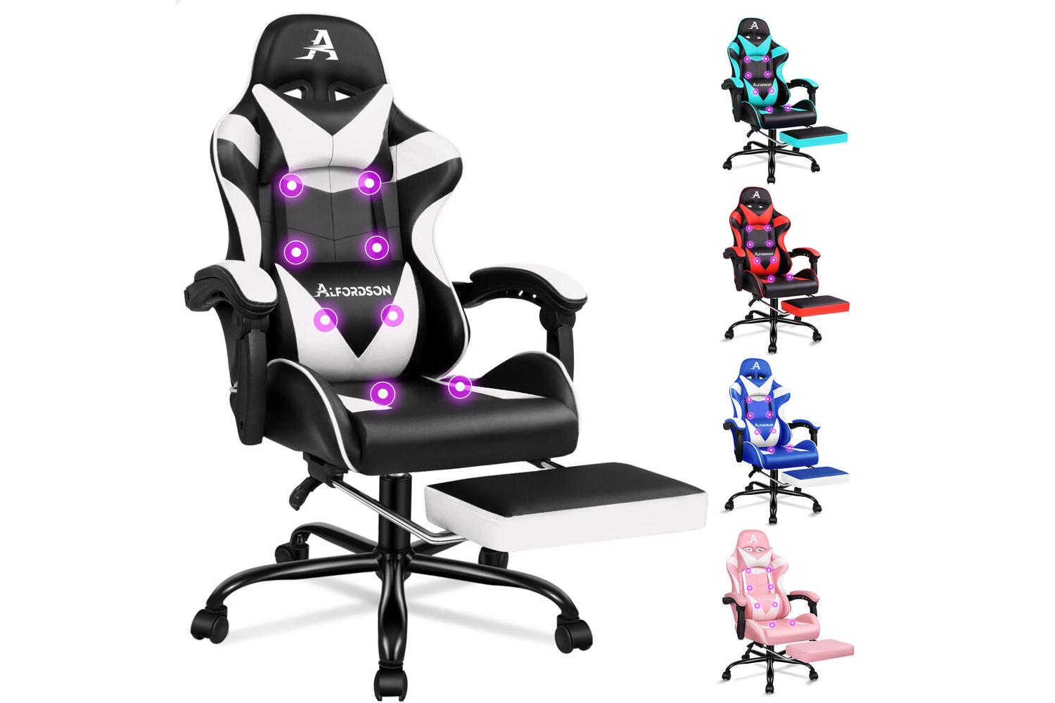 Alfordson Gamer Massage Chair Racing Chair | Ergonomic Desk Chair | Pu Leather | White