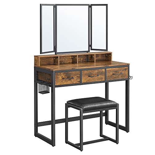 Vasagle Vanity Table Mirror and Stool with Tri-Fold Mirror | Rustic Brown/Black [Ex-Display - DS250377-001256]