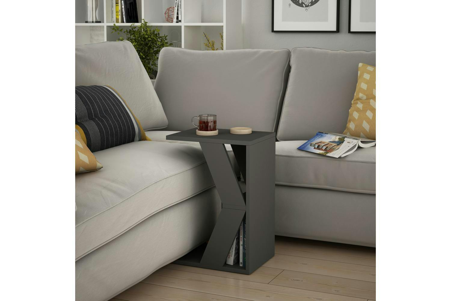 Decortie Naze C-shaped Side Table | Modern Sofa Table | Engineered Wood | Anthracite Grey | Height 57cm