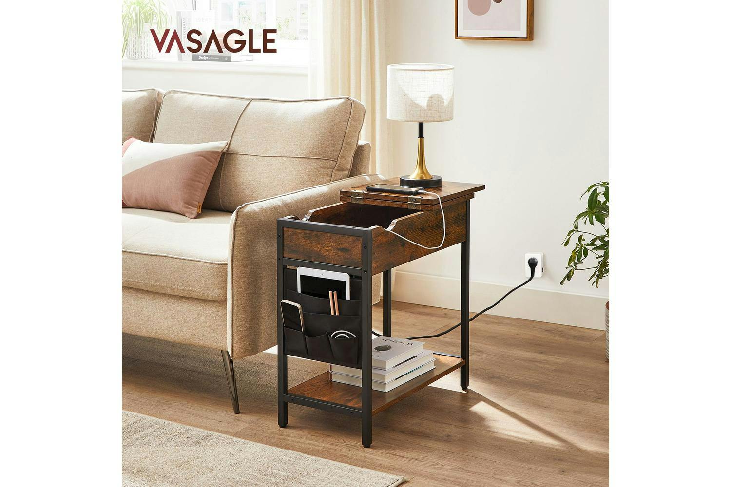 Vasagle End Table | Side Table | Rustic Brown And Black | 60 X 31.5 X 60 Cm