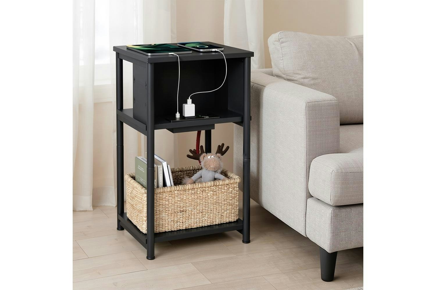 Vasagle End Table | Side Table With Power Strip | Steel And Chipboard | 30 X 34 X 58 Cm