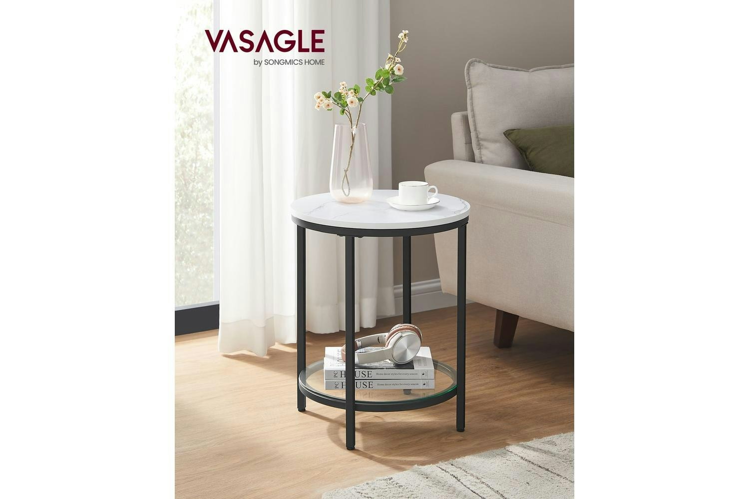 Vasagle Side Table | White Marble Look | Steel And Wood Chipboard | 45 X 55 Cm