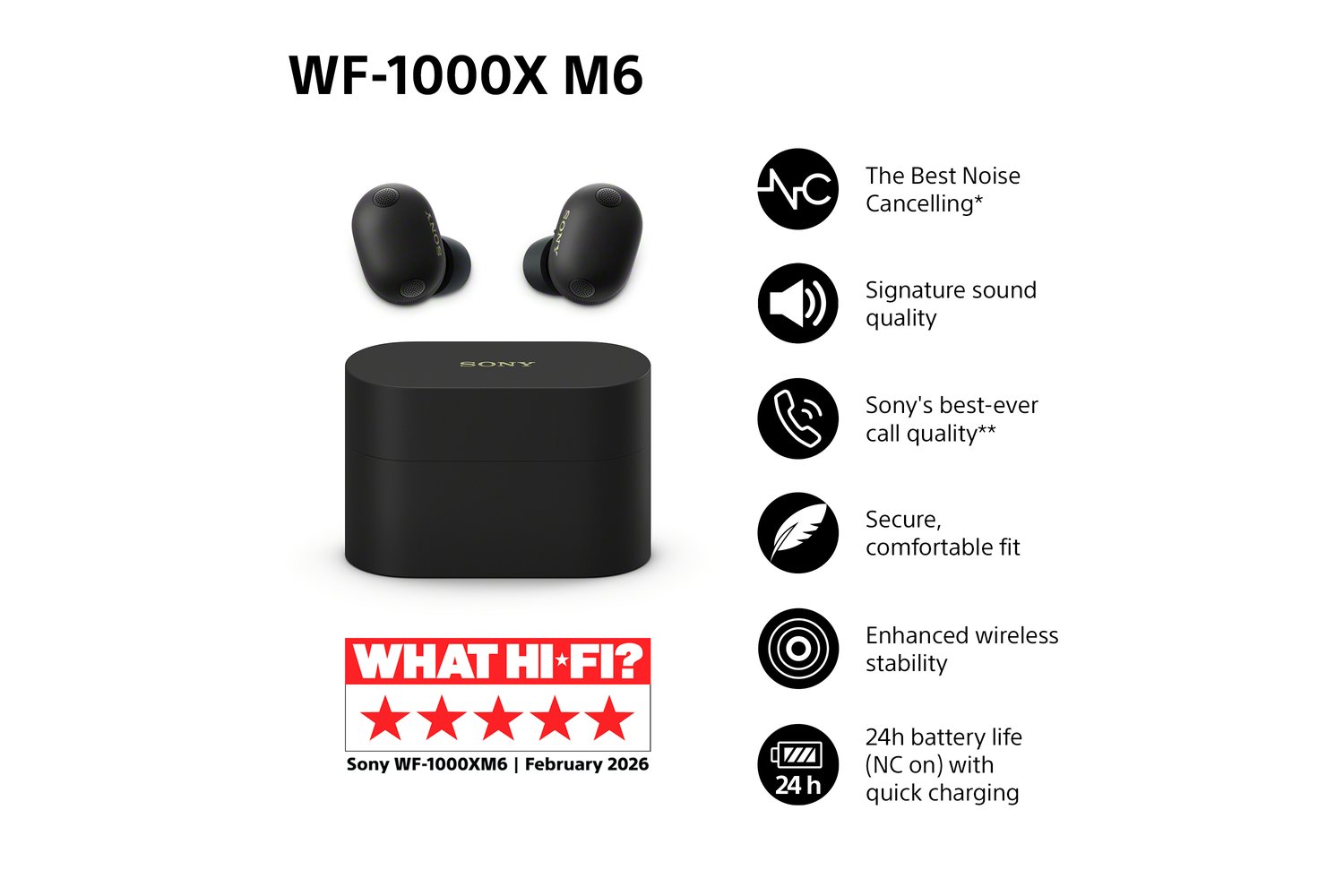 Sony XM6 True Wireless Active Noise Cancelling Earbuds | Black