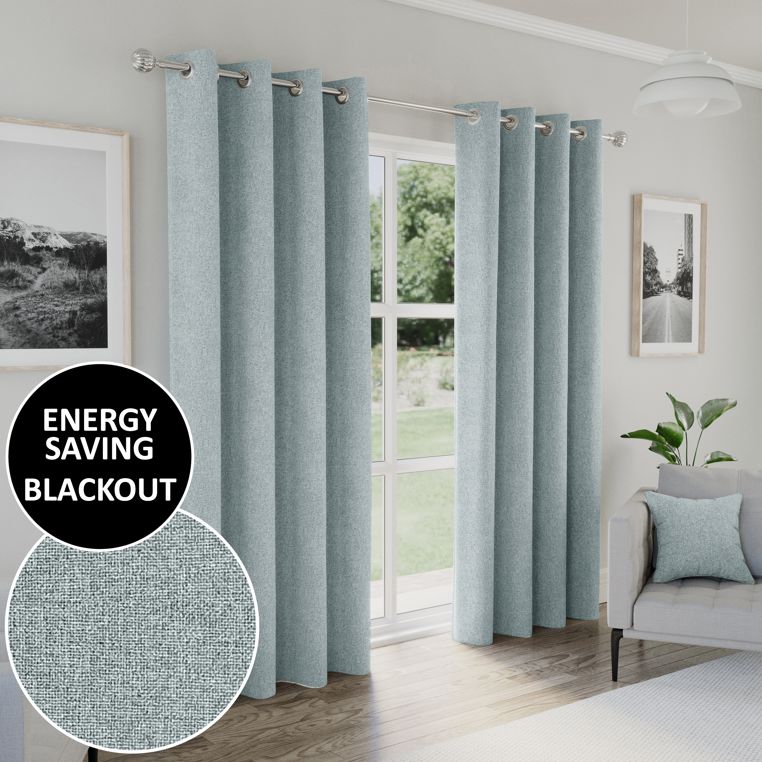 Blue Eyelet Austin Plain Pair Of Blackout Thermal Noise Reducing Curtains 168x137cm [Special Offer DC250774-000804]