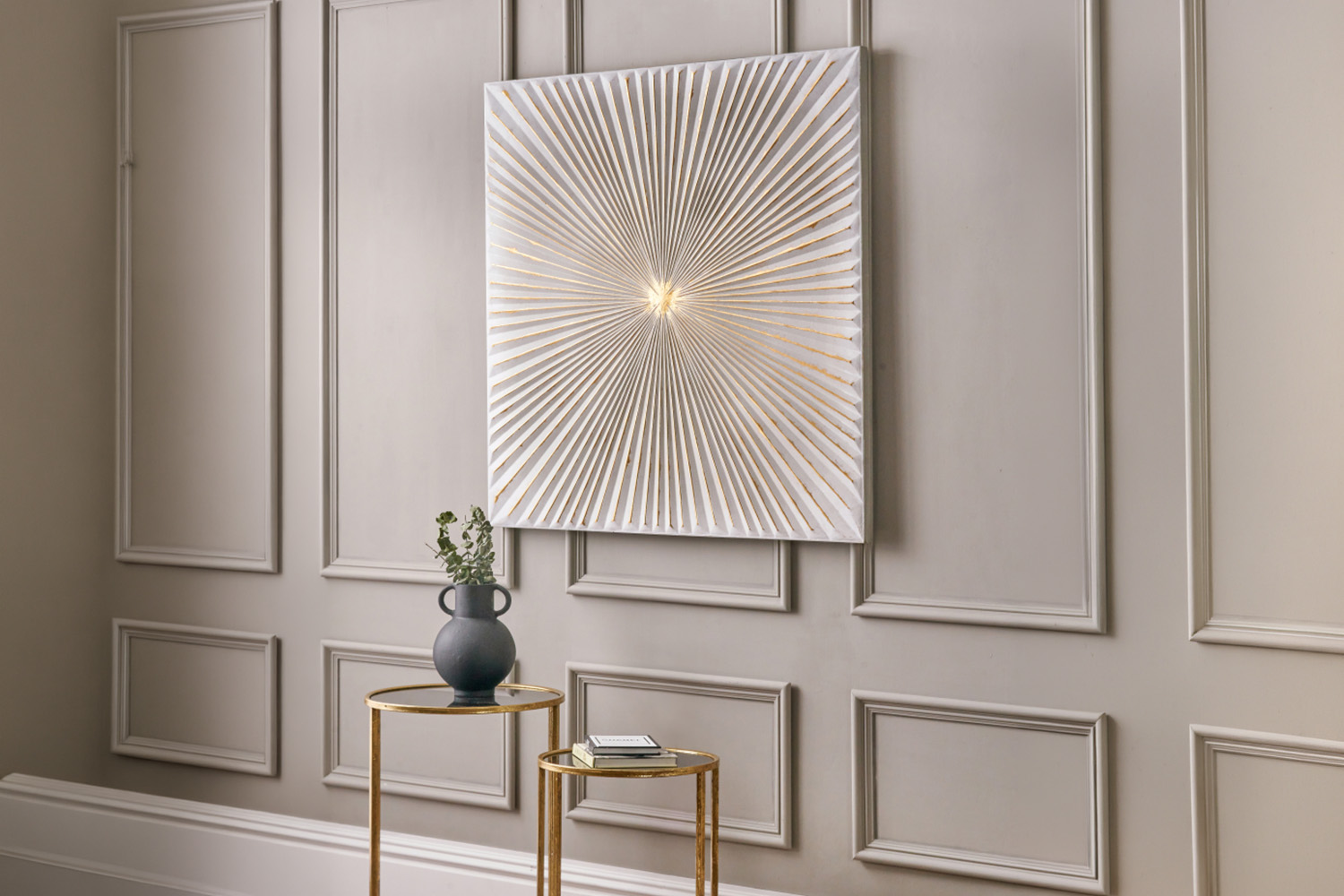 Sunburst Unframed Textured Metal Wall Art | White/Gold | 100 x 100 cm