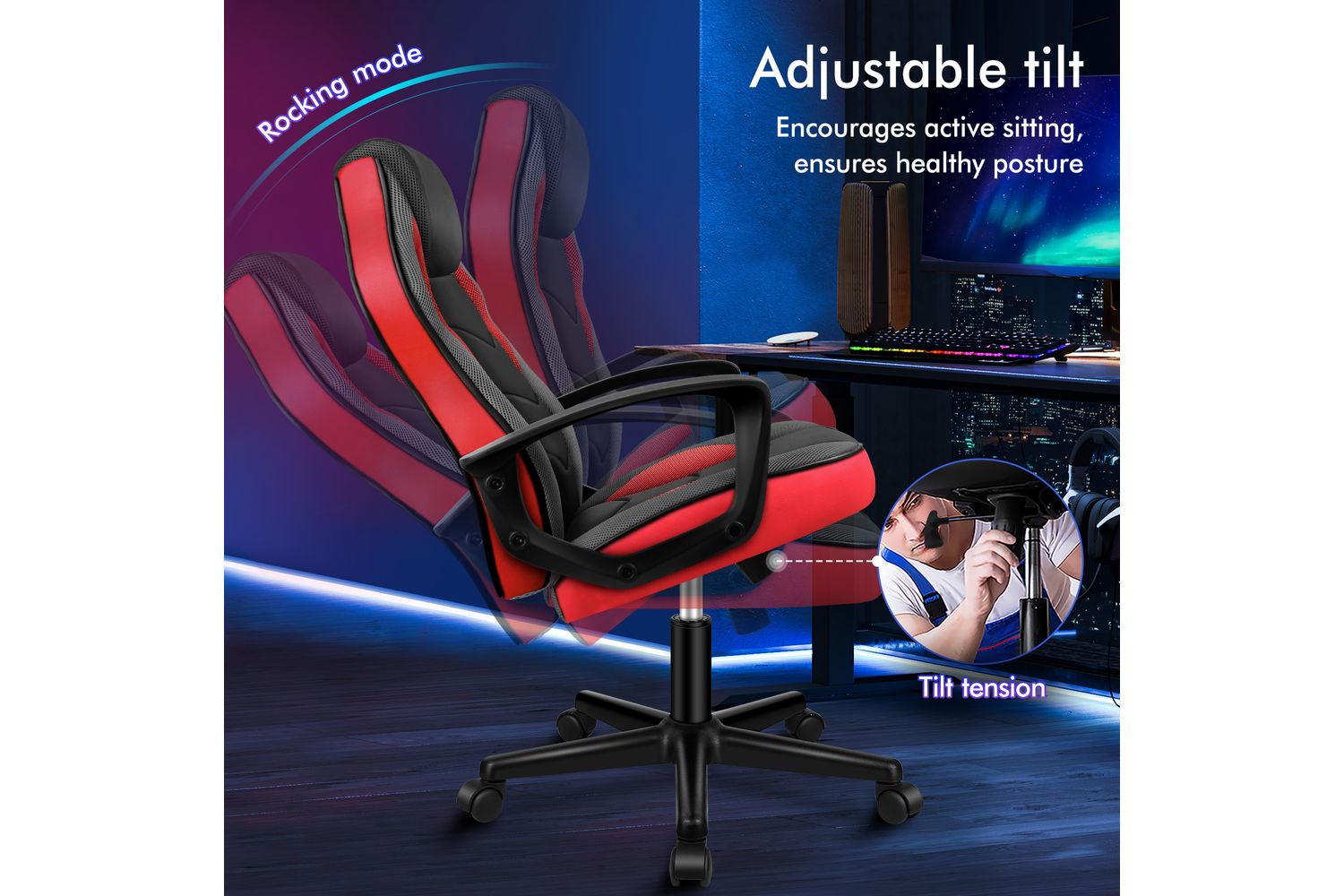 Alfordson Computer Gaming Desk Chair | Ergonomic Pu Leather Mesh | Red ...