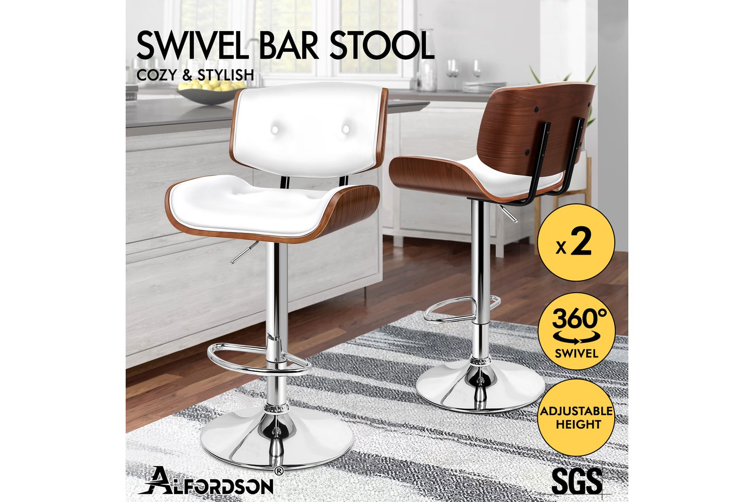 Alfordson Bar Stool Pair | Padded Pu Leather | Swivel Gas Lift | White