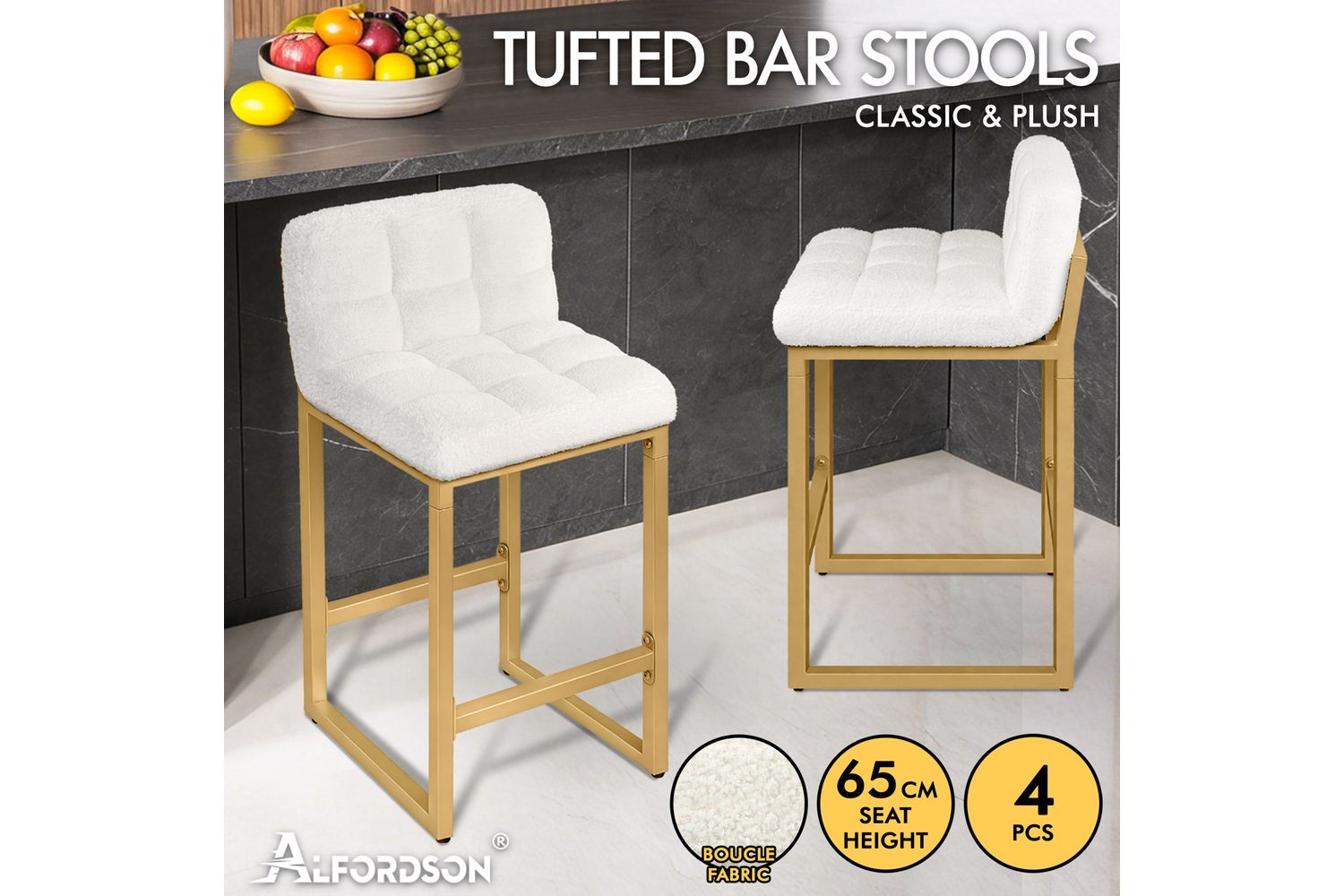 Alfordson Set Of 4 Bar Stool| Boucle Seat | Metal Frame