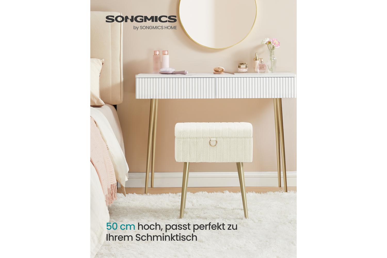 Songmics Storage Ottoman | Makeup Stool | Short Pile Fabric | Cream White | 30 X 40 X 50 Cm