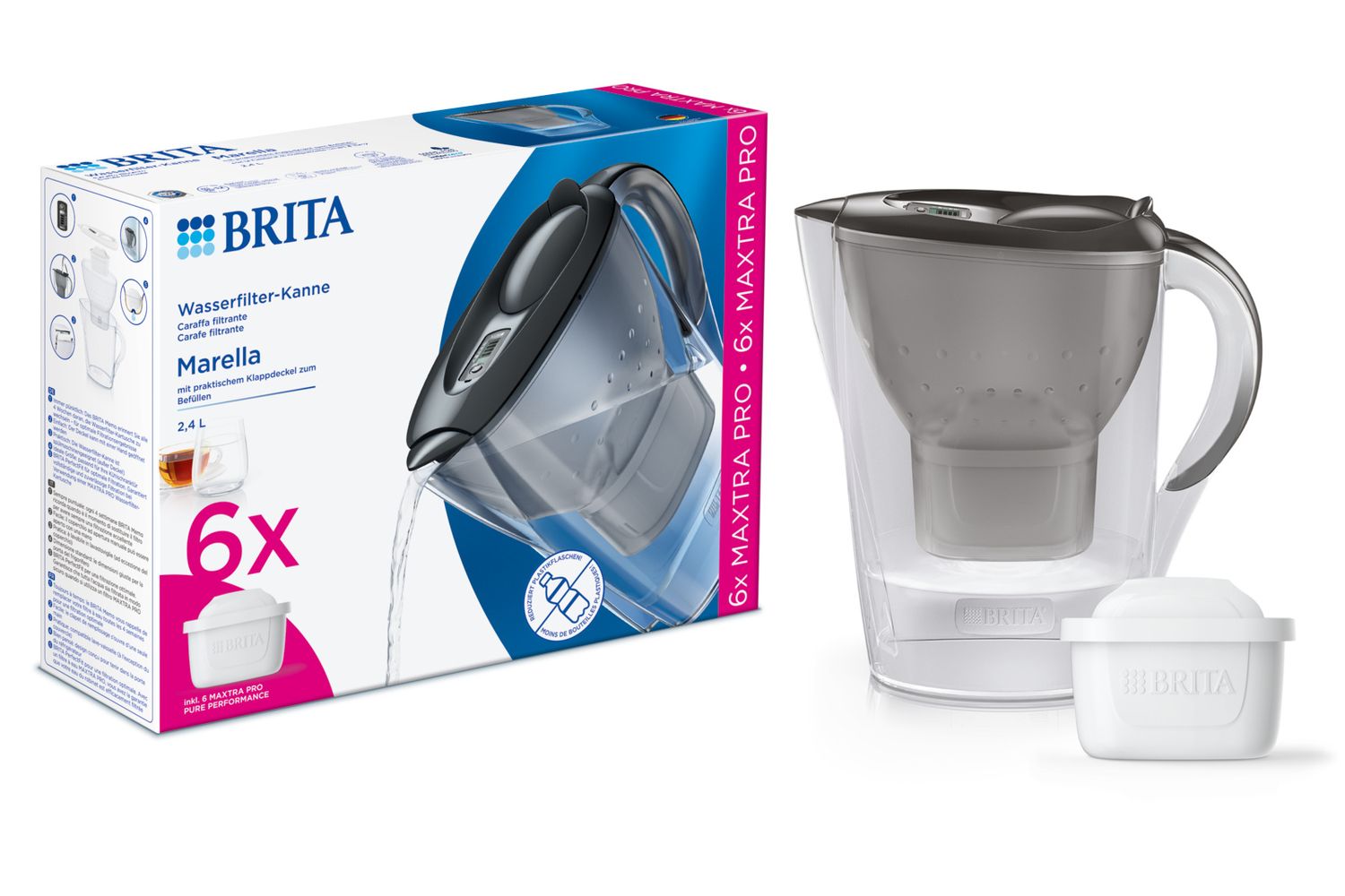 Brita Marella Graphite Water Filter Jug | 2.4 Litre | 6 Maxtra Pro Cartridges