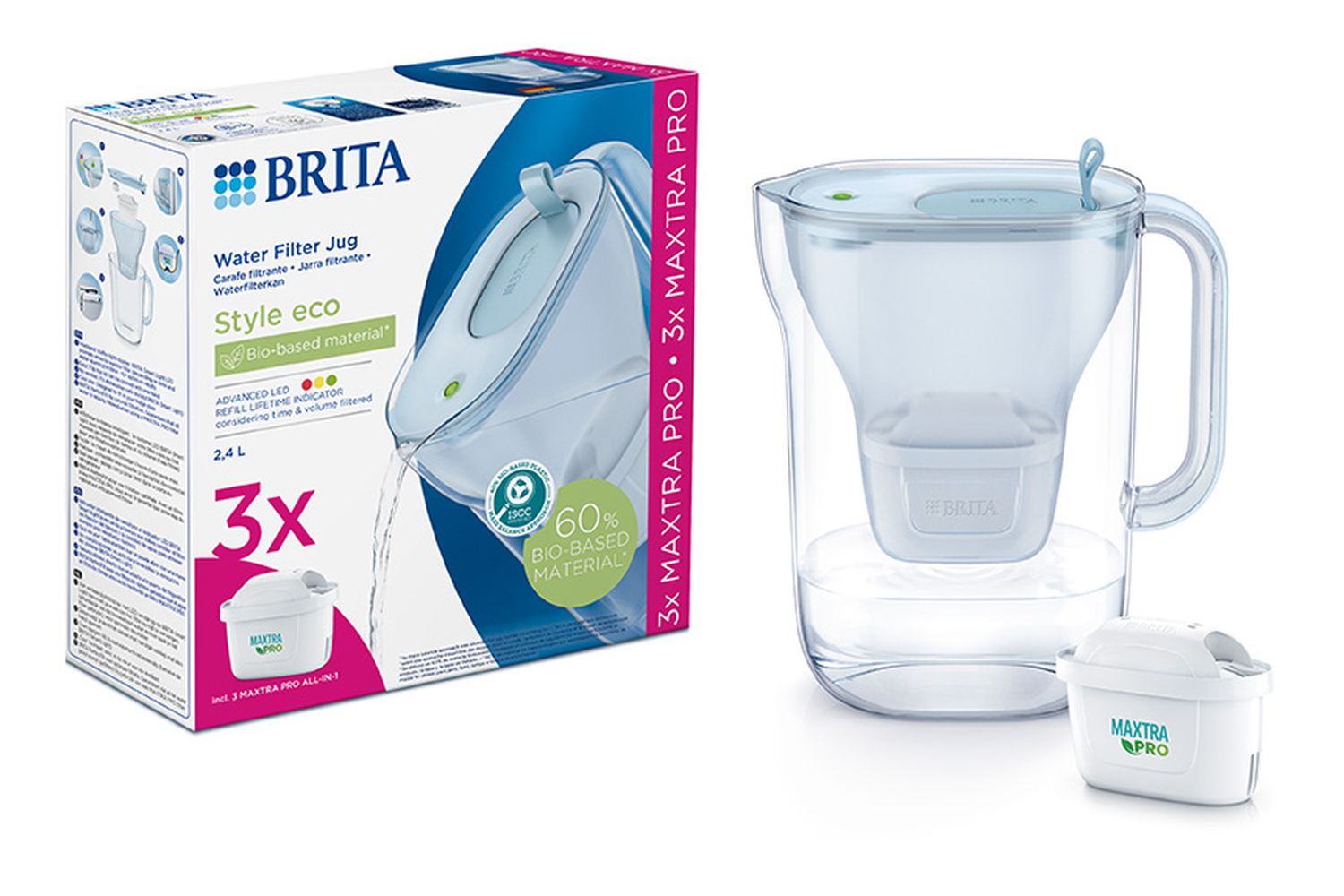 Brita Style Eco Powder Blue Water Filter Jug | 3 Maxtra Pro Cartridges | 2.4l