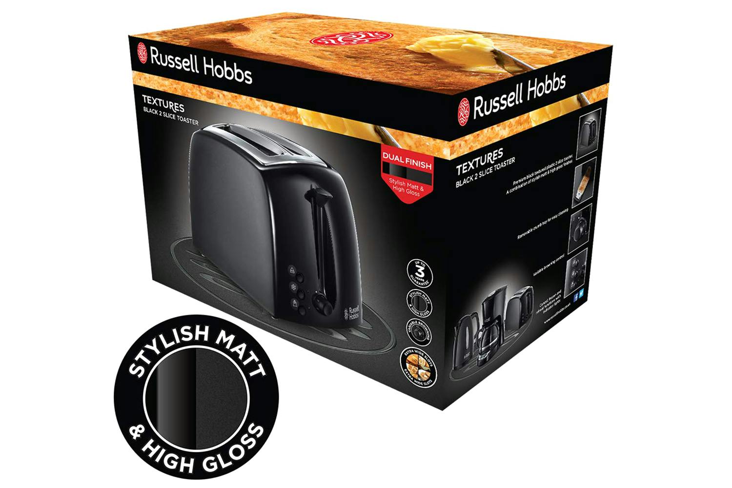 Russell Hobbs Textures 2 Slice Toaster, 21641, Black