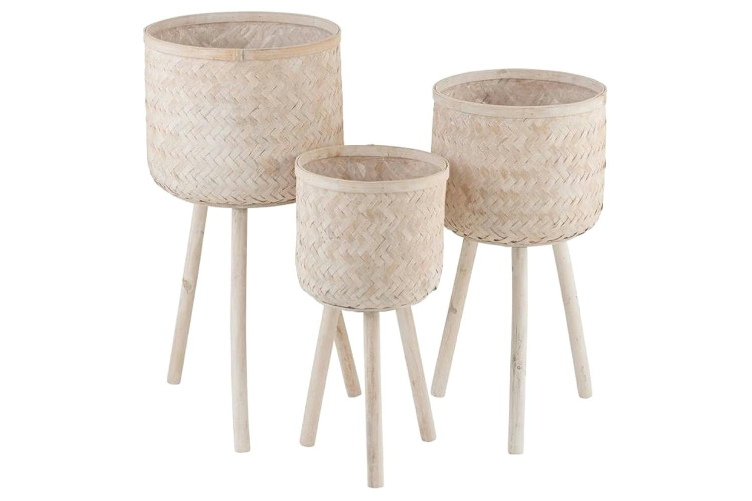 3 Legs Bamboo/Plastic Natural Wash Flowerpot Holders | 3 Set
