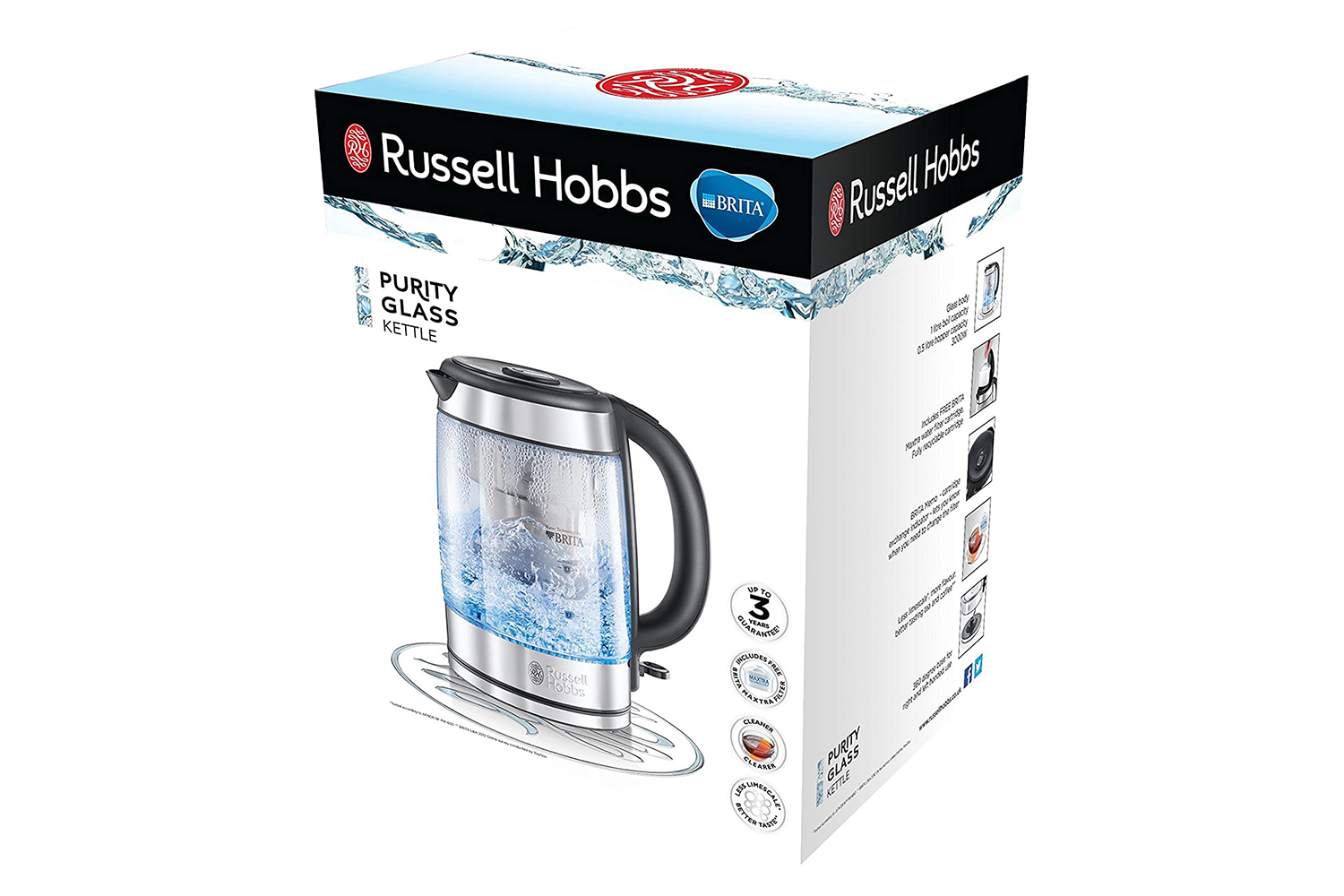 russell hobbs purity brita water filter kettle with blue light illumination