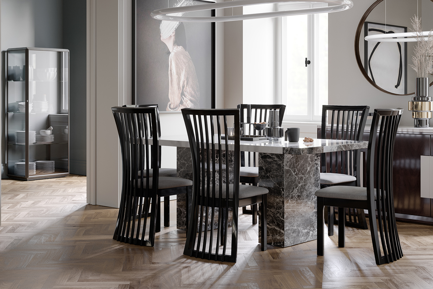 Marble table and on sale grey chairs