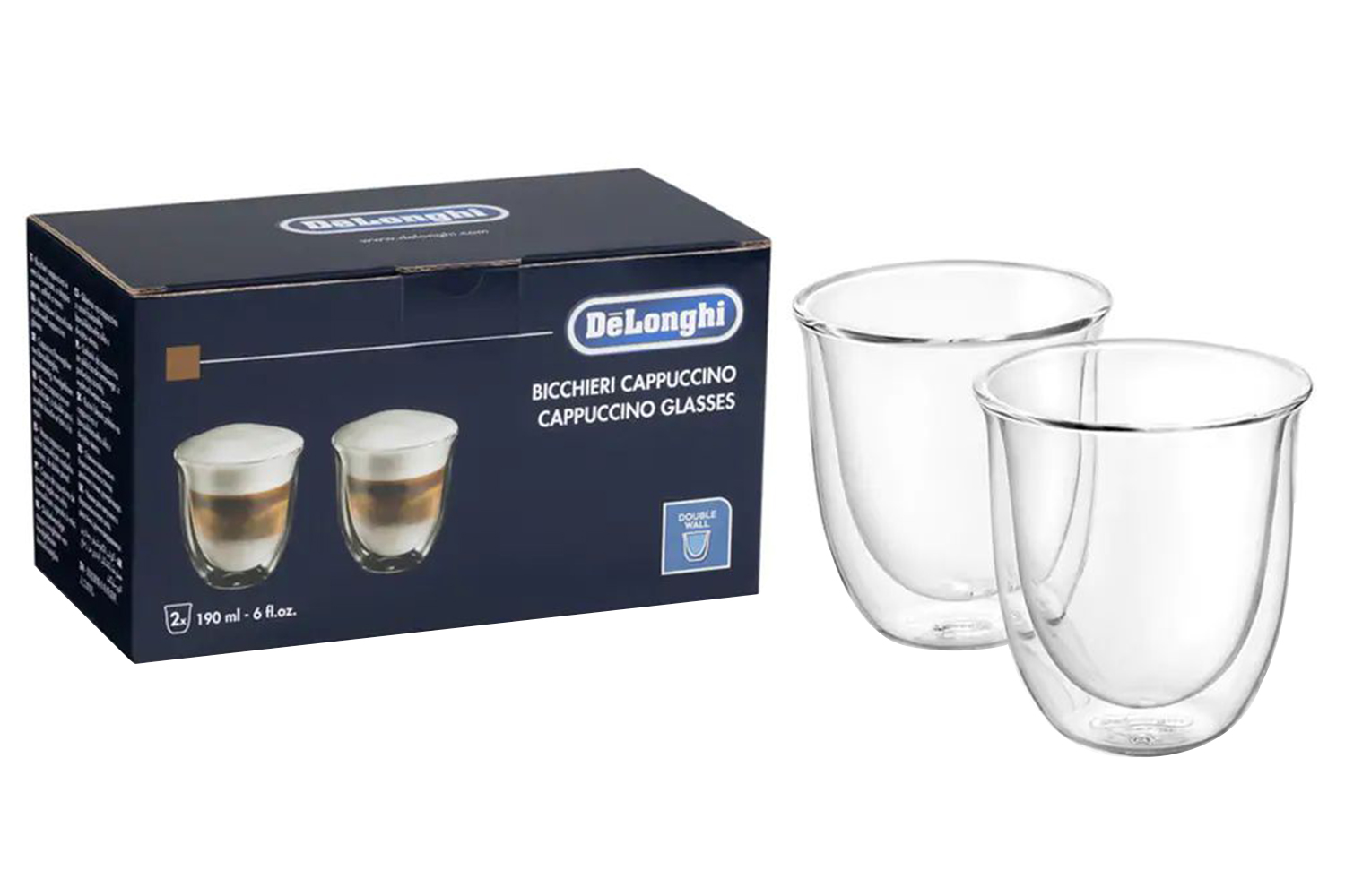 DeLonghi 190ml Cappuccino Double Wall Glasses 2 Piece Ireland