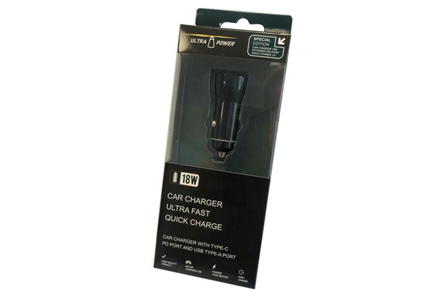 UltraPower 18W Type-C PD Port & USB Type-A Port Car Charger | Black