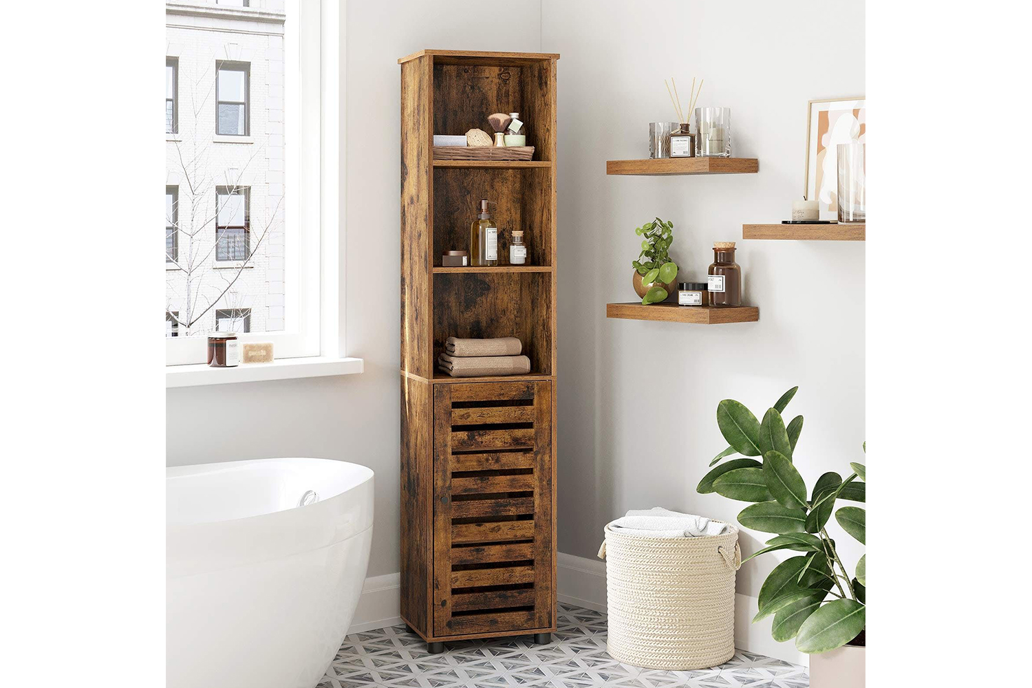 Vasagle Slim Storage Cabinet with Shelves | Rustic Brown