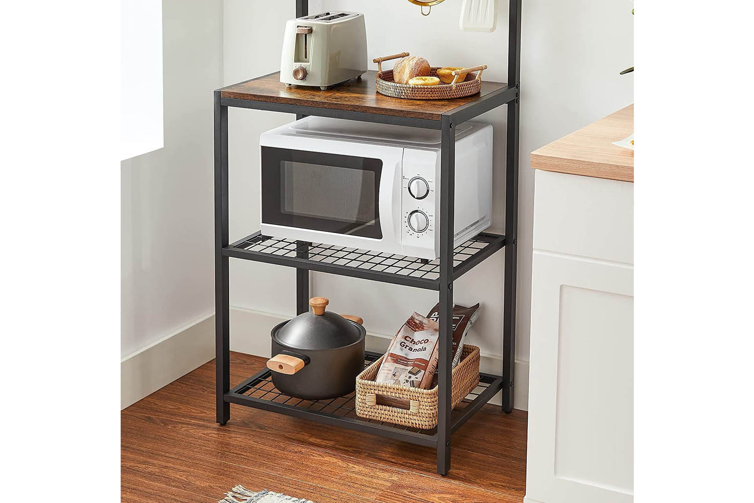 Vasagle UKKS021B01 Industrial Bakers Rack with Shelves & Hooks Rustic