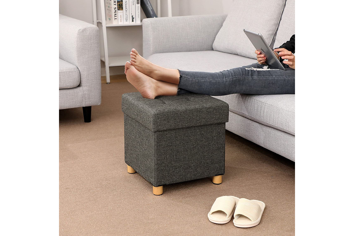 Songmics  Small Cube Storage Ottoman Stool | Dark Grey