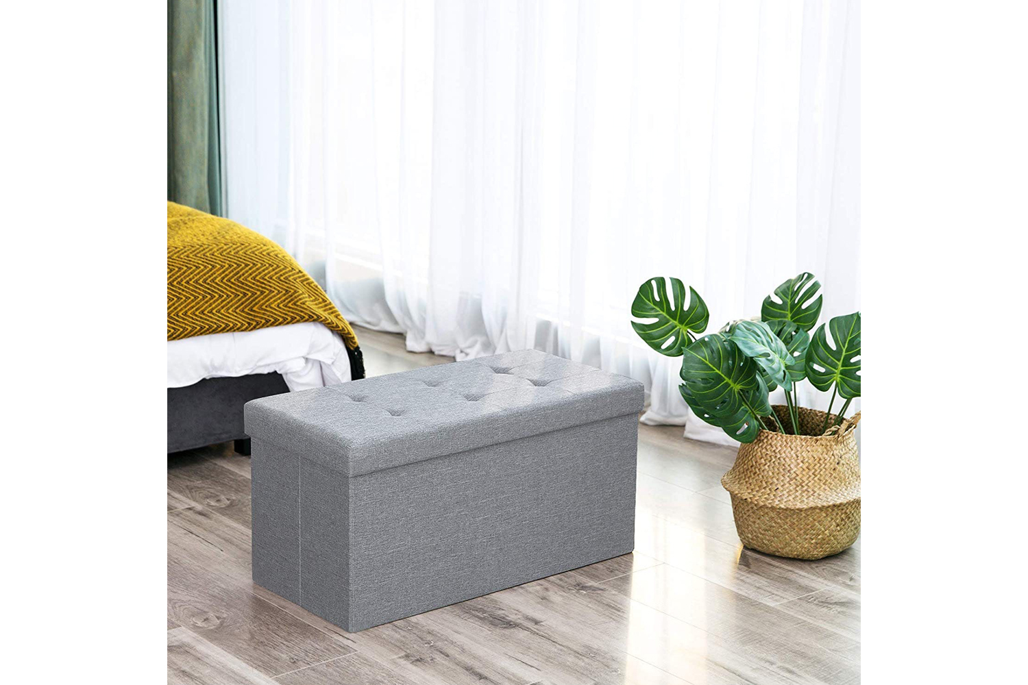 Songmics Linen Fabric Storage Ottoman | Light Gray