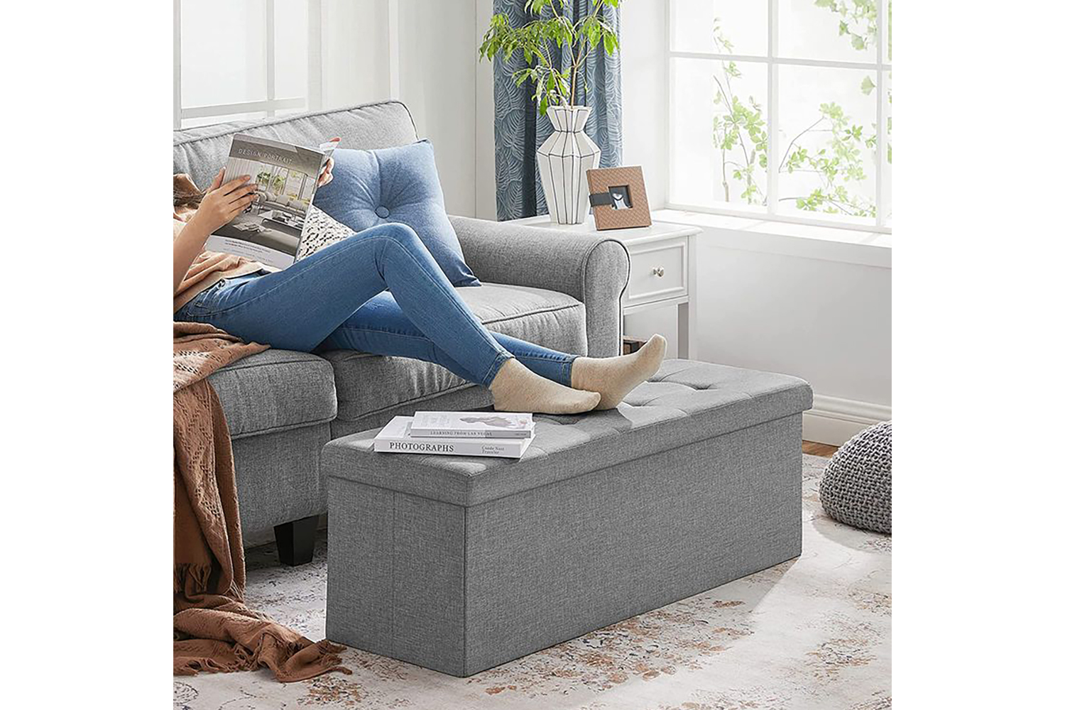 Songmics Folding Fabric Storage Ottoman Bench | Light Grey