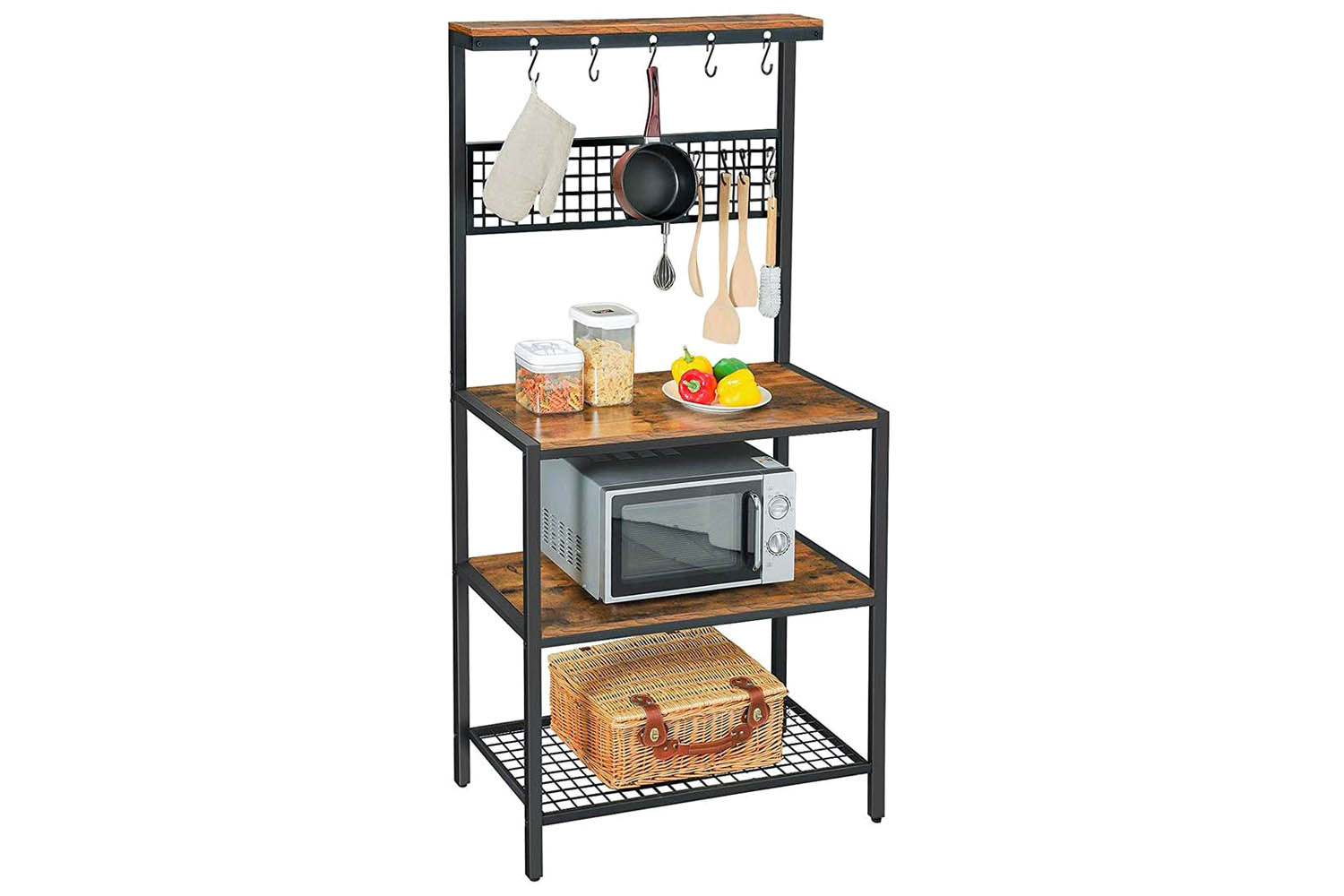 Vasagle Industrial Kitchen Bakers Rack with Hooks Rustic Brown