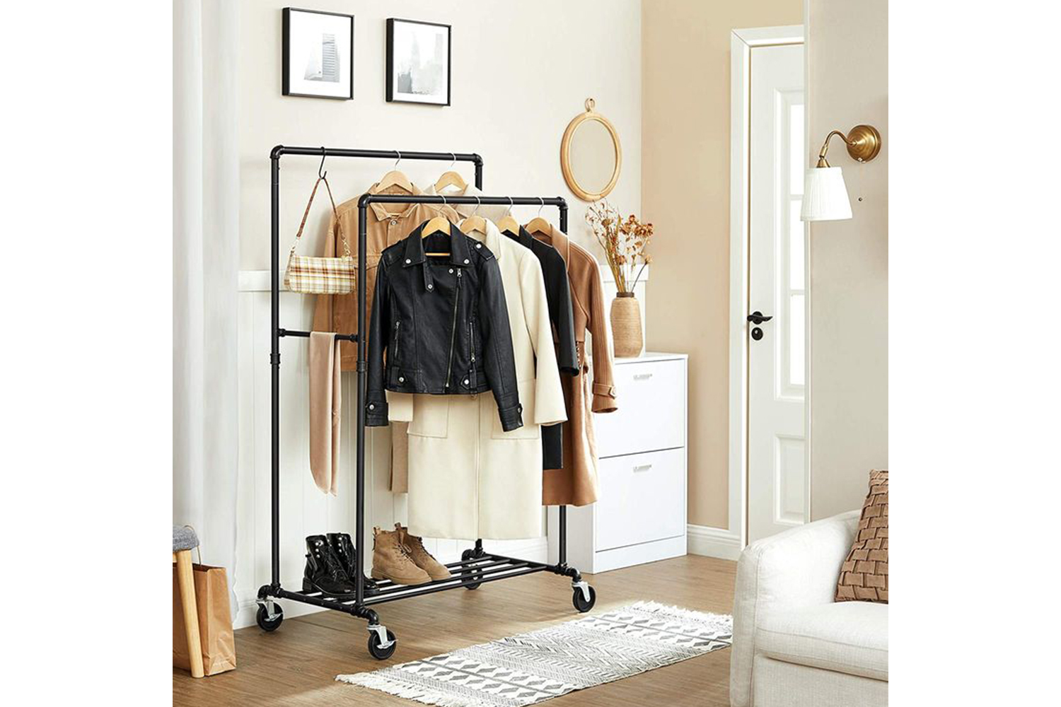 Songmics Black Clothes Rack on Wheels with 2 Rails | Black