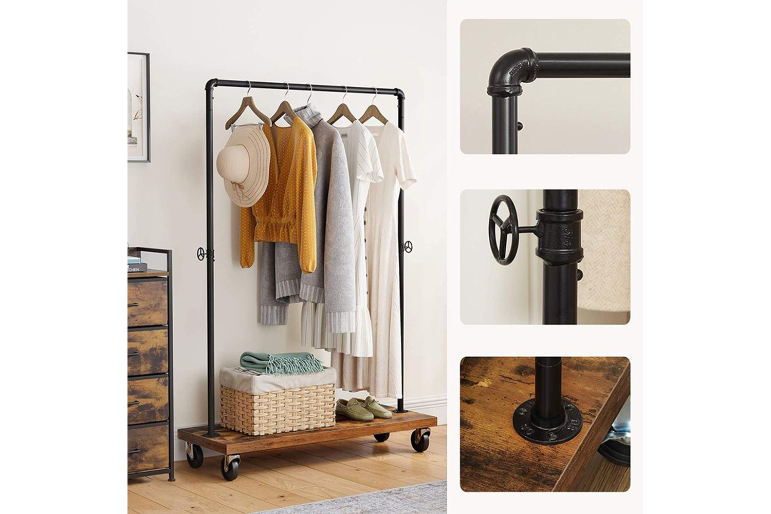 Vasagle Industrial Pipe Style Rolling Garment Rack with Shoe Shelf