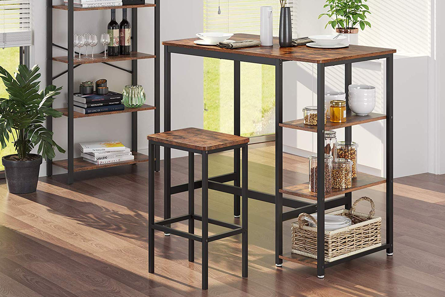 Vasagle Industrial Bar Table With Storage Shelves | Rustic Brown and Matte Black