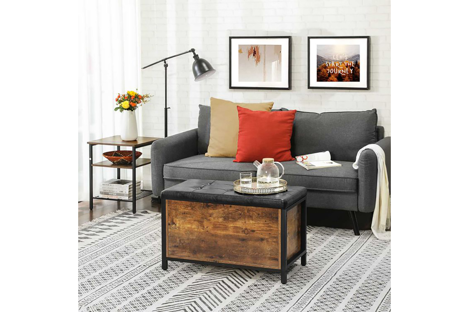 Vasagle Industrial Storage Ottoman with Flip Lid | Rustic Brown & Black