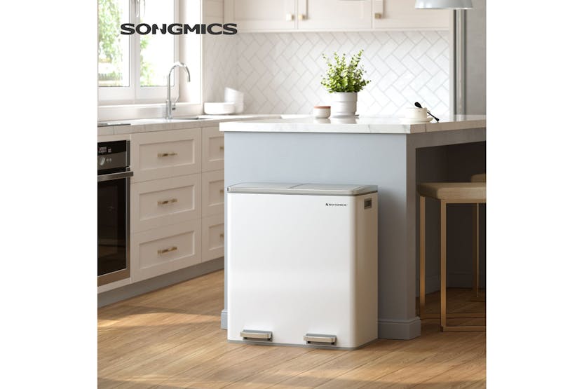Songmics Trash Can with 2 Inner Buckets | White & Silver