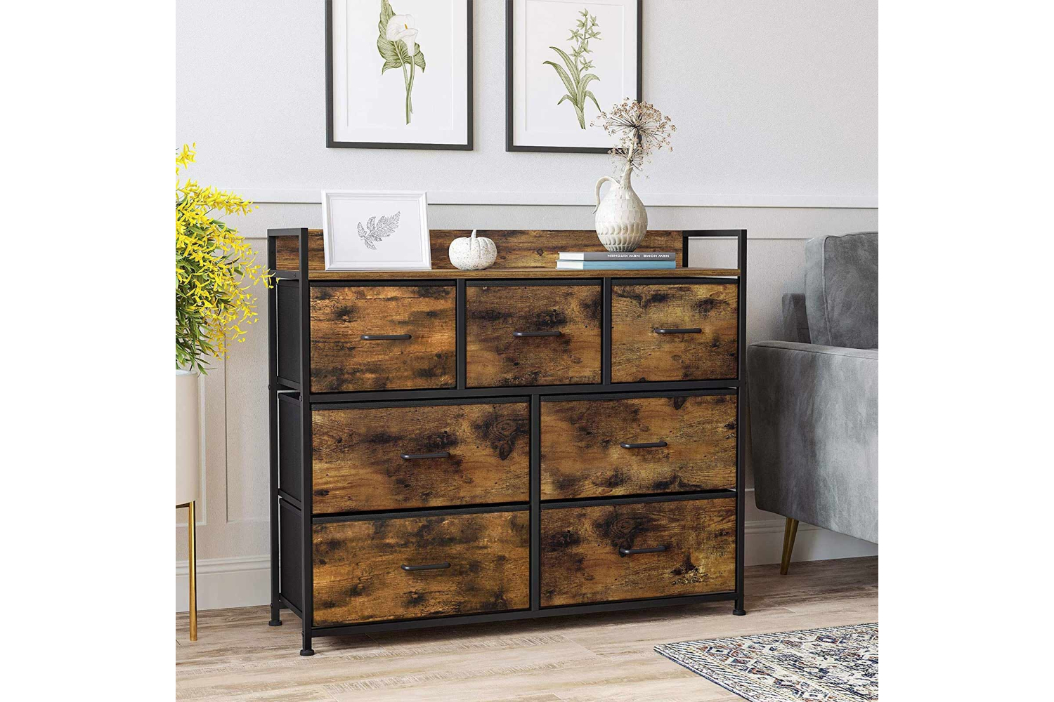 Songmics Closet Dresser with 7 Fabric Drawers | Rustic Brown & Black