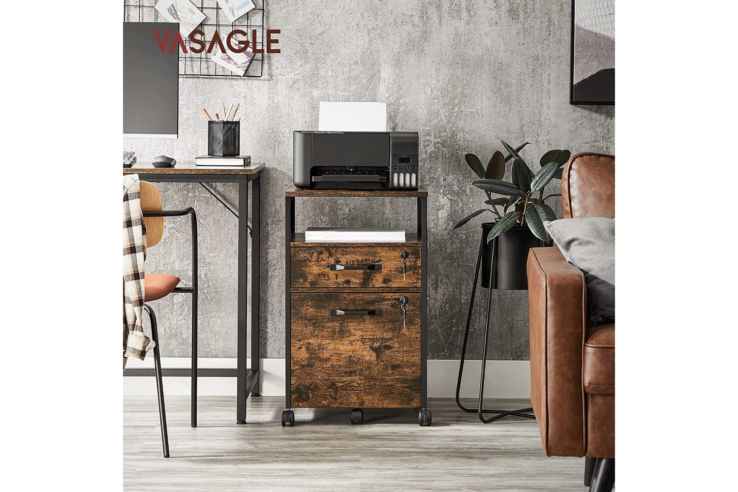 Vasagle File Cabinet with Lock | Rustic Brown & Black