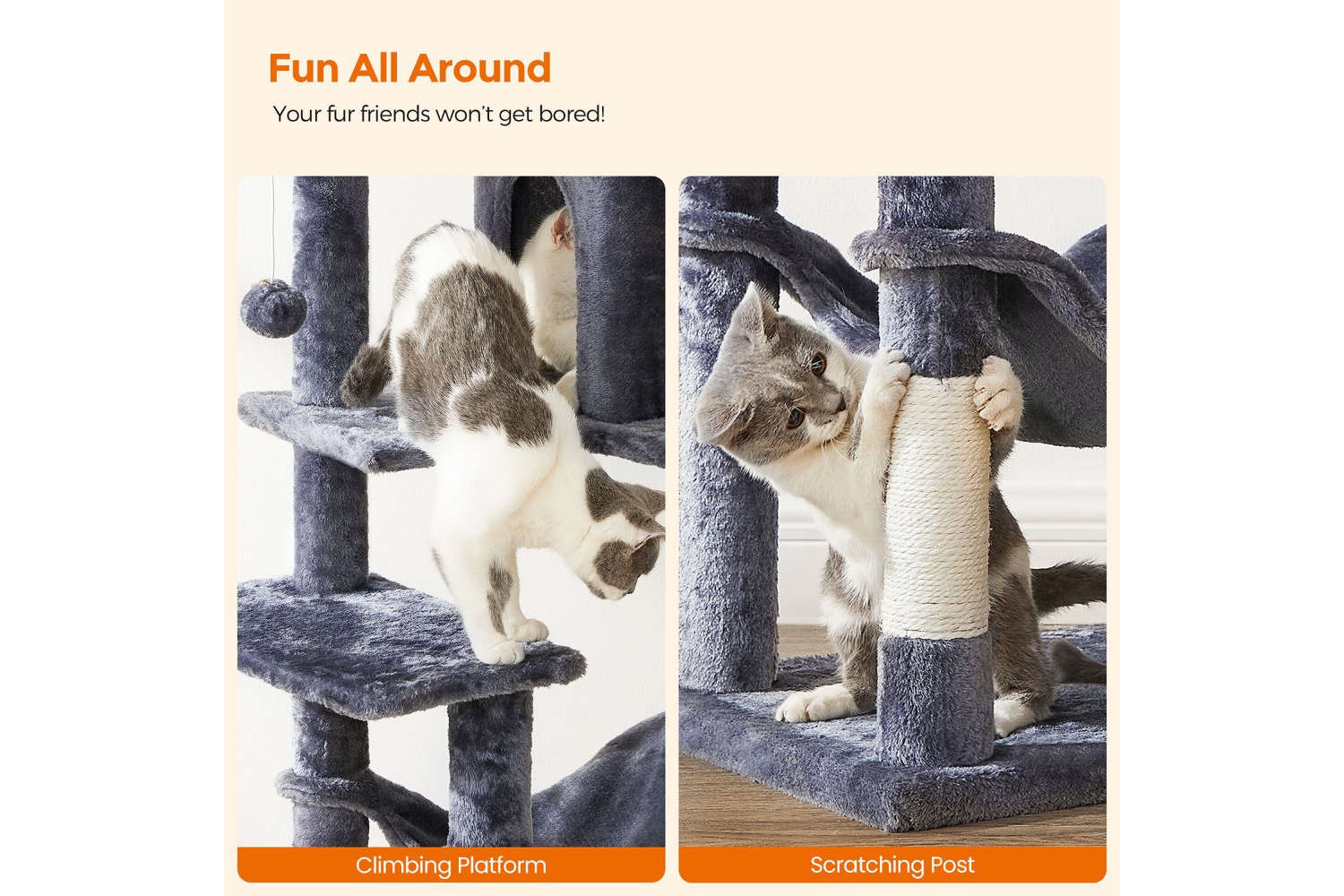 Feandrea UPCT161G01 Cat Tree with Steps & Caves | Smoky Grey