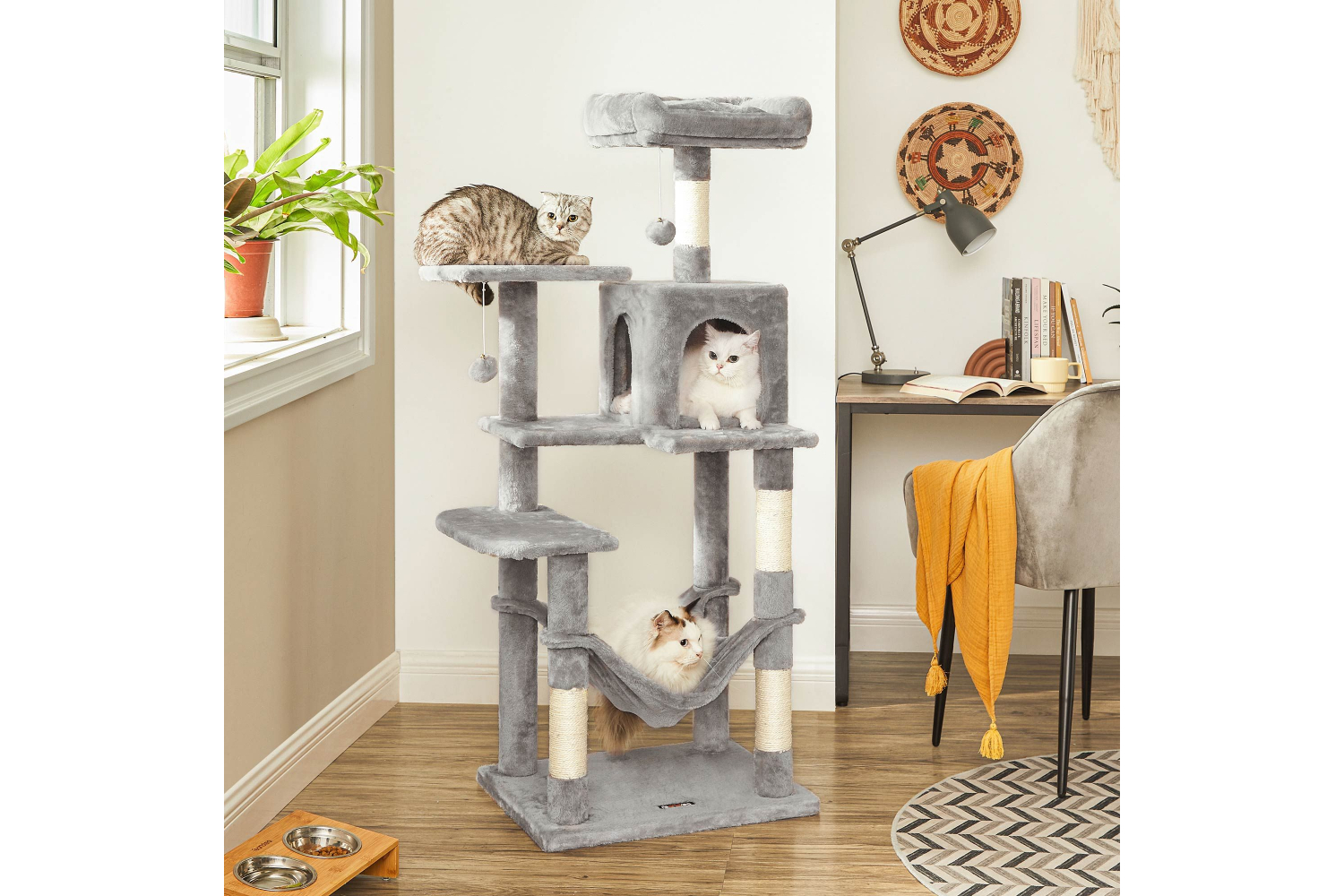 Feandrea UPCT161W01 Cat Condo with Hammock & Pompoms | Light Grey