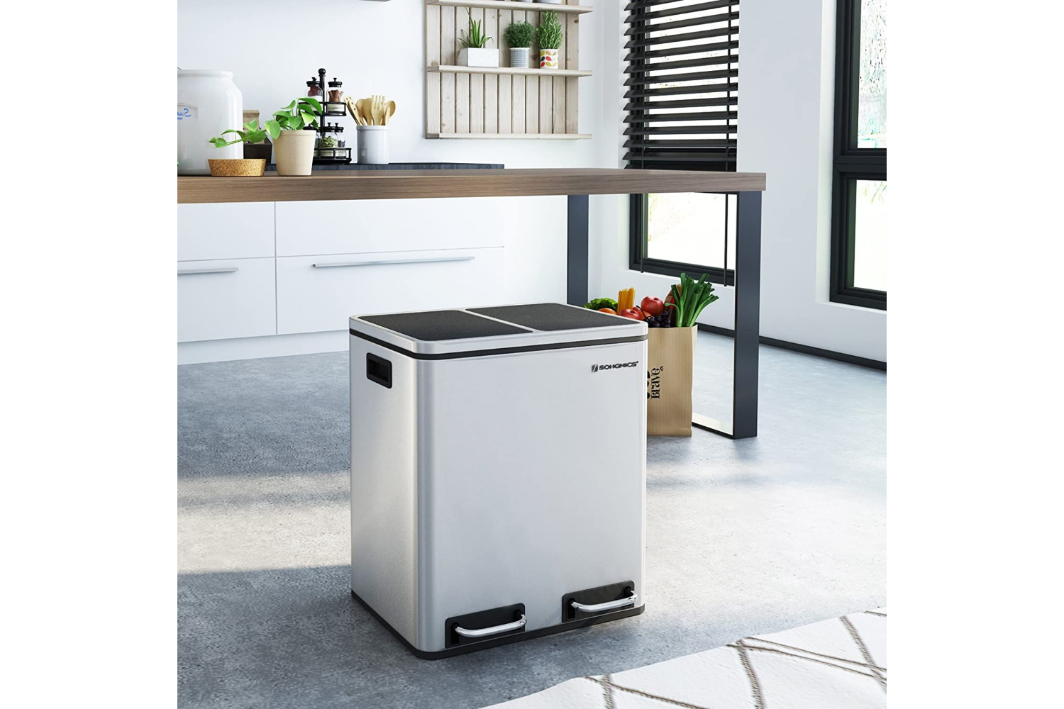 Songmics Step Trash Can with 2 Bucket | Silver