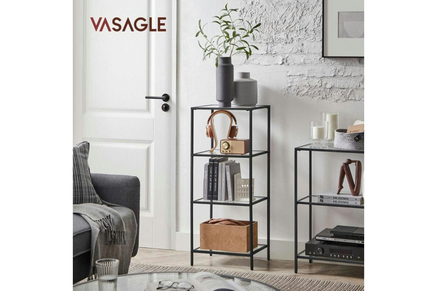 Vasagle LGT028B61 Standing Shelf with 4 Shelves Made of Black Tempered Glass