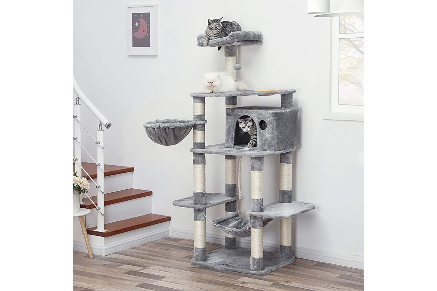Feandrea PCT99W Scratching Post Cat Tree with Bowl | Light Grey