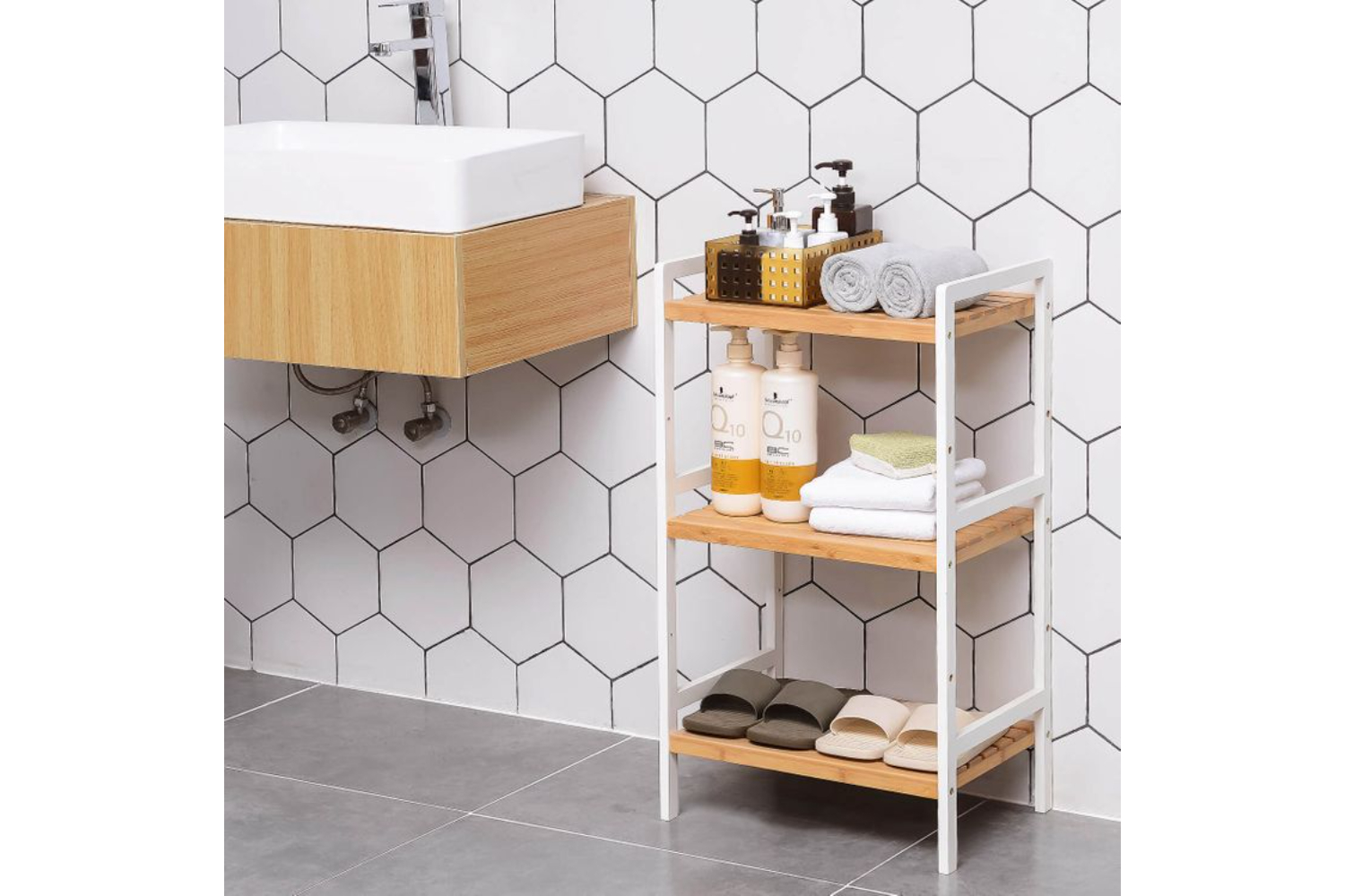 Songmics BCB73Y Standing Shelf Made of Bamboo | Natural & White