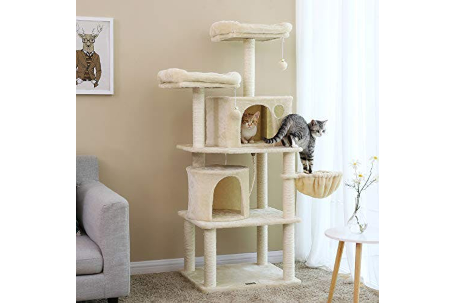 Feandrea PCT90M Scratching Post 2 Caves Cat Tree | Beige