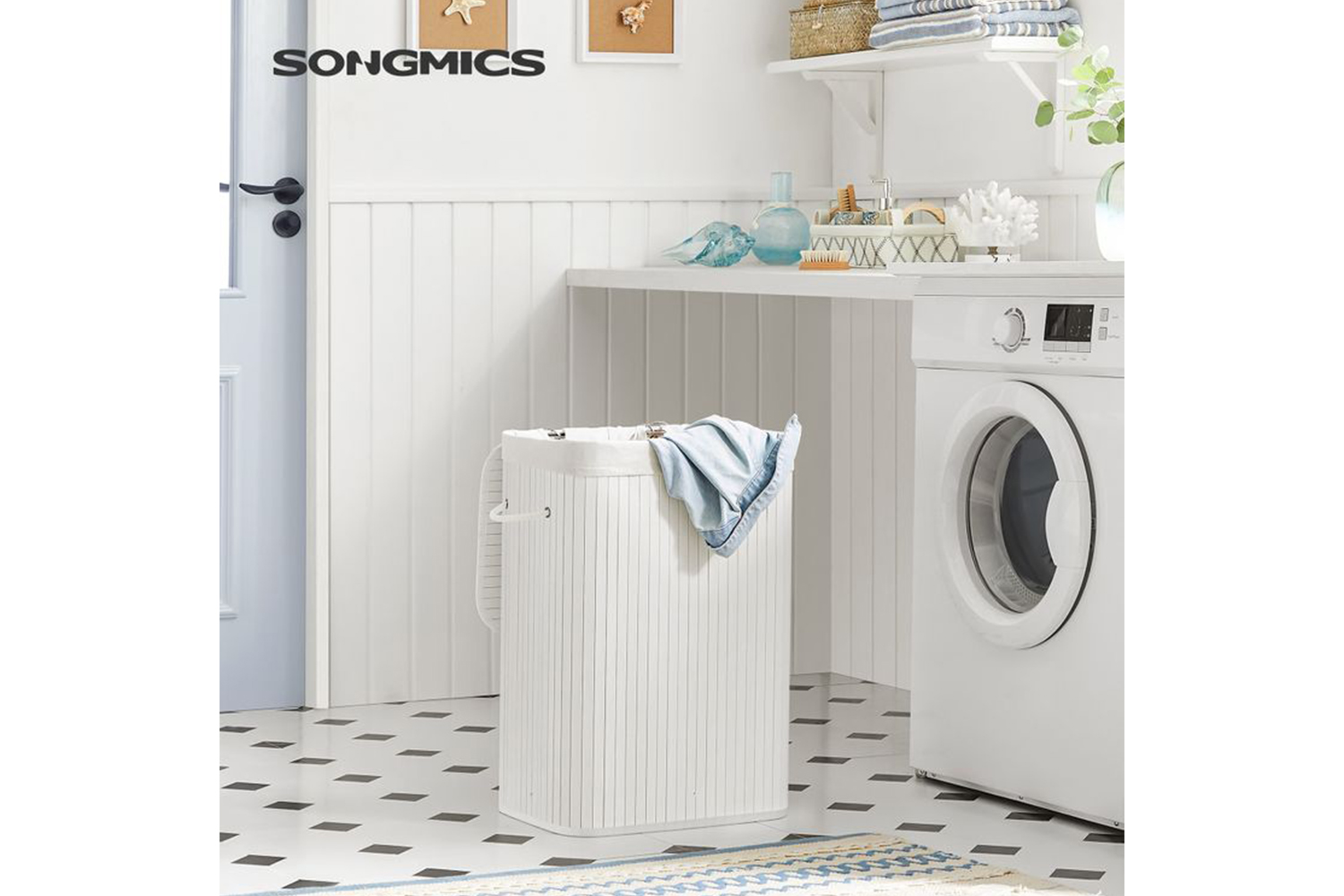 Songmics LCB010W01 Bamboo Laundry Basket | White