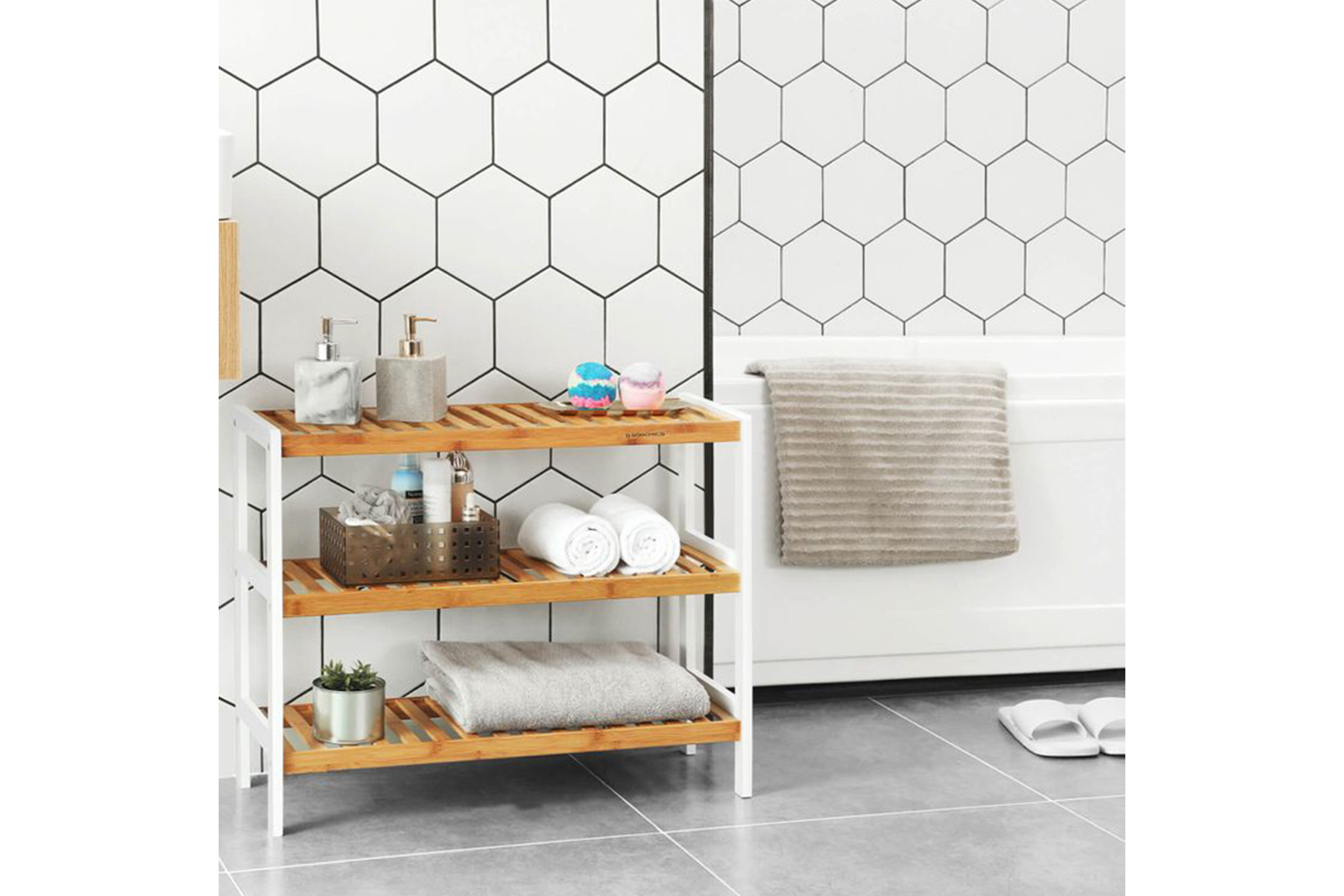 Songmics LBS03H 3 Tier Bamboo Shoe Rack | Natural White