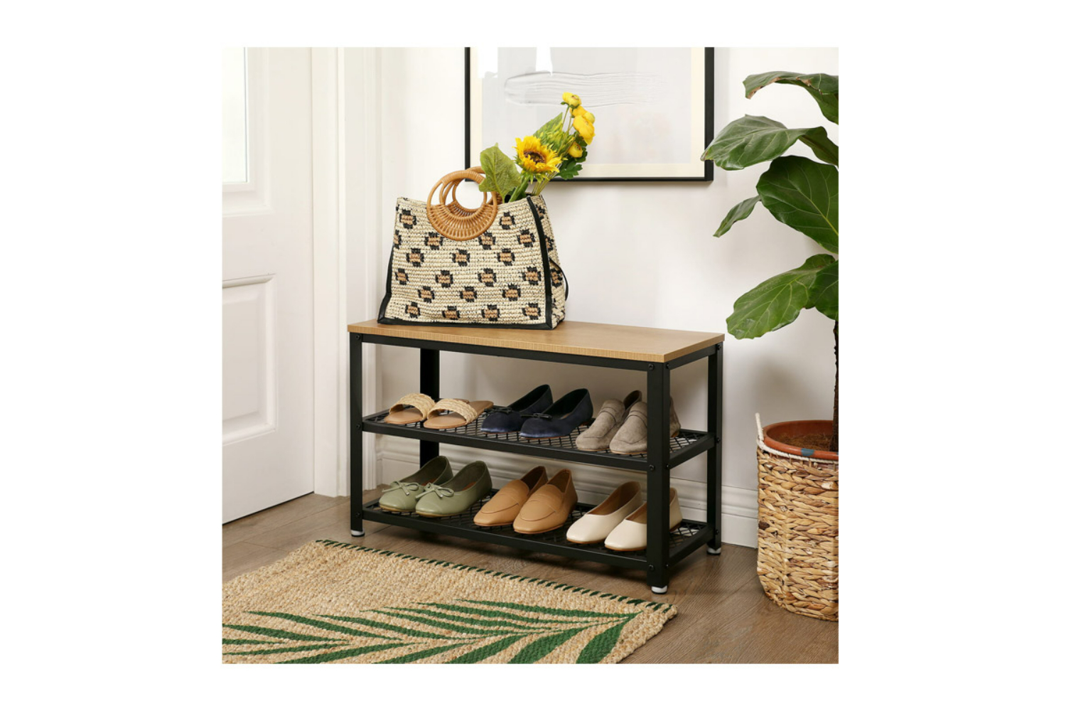 Vasagle LBS073N01 Metal Shoe Rack with 2 Shelves and Bench