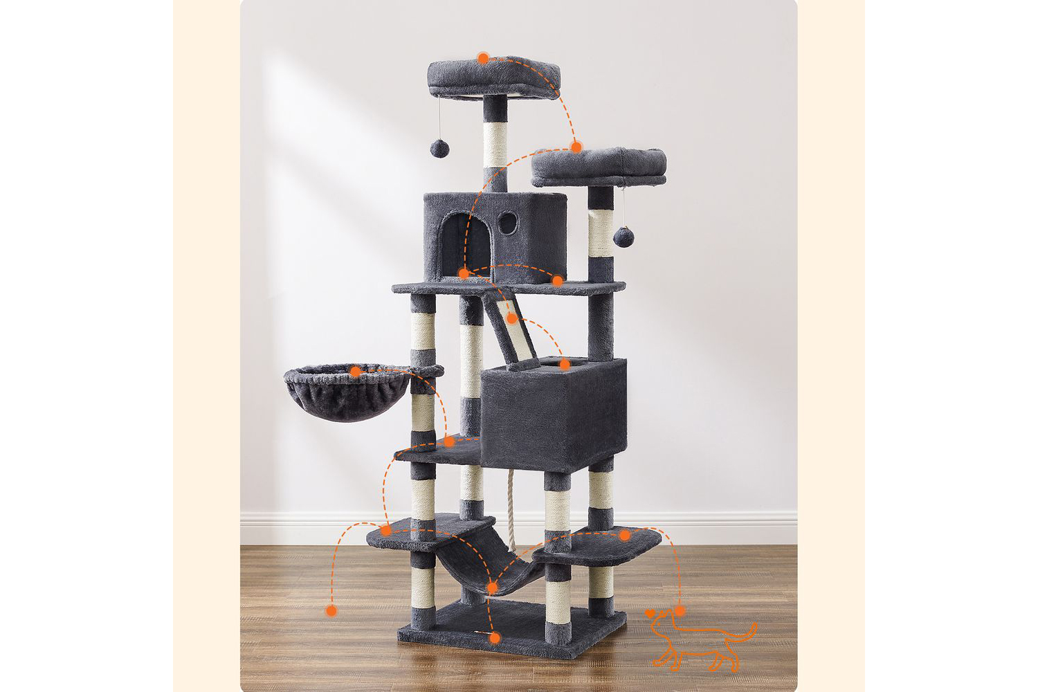 Feandrea PCT165G01 Scratching Post Cat Tree with 2 Caves