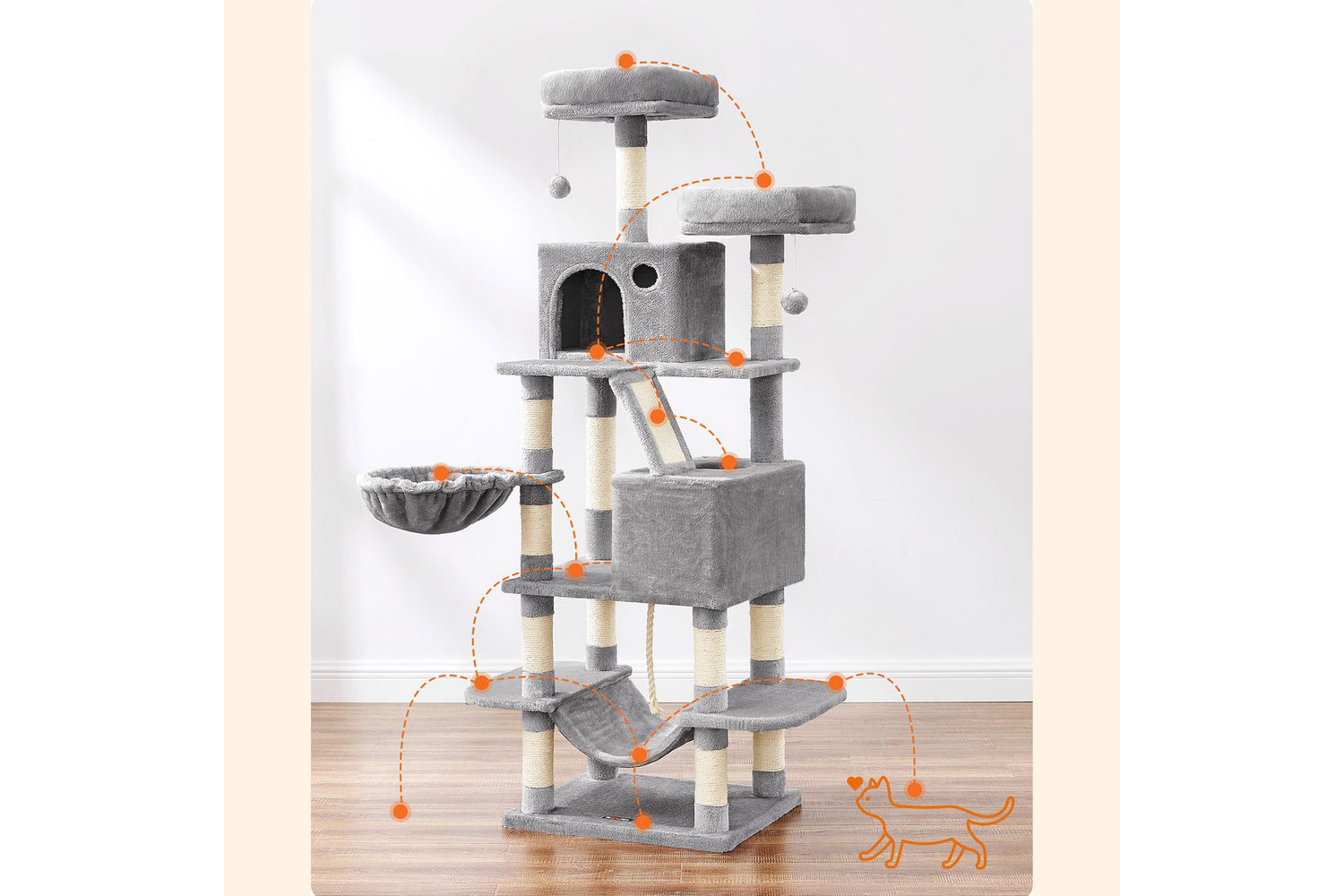 Feandrea PCT165W01 Scratching Post Cat Tree with 2 Caves