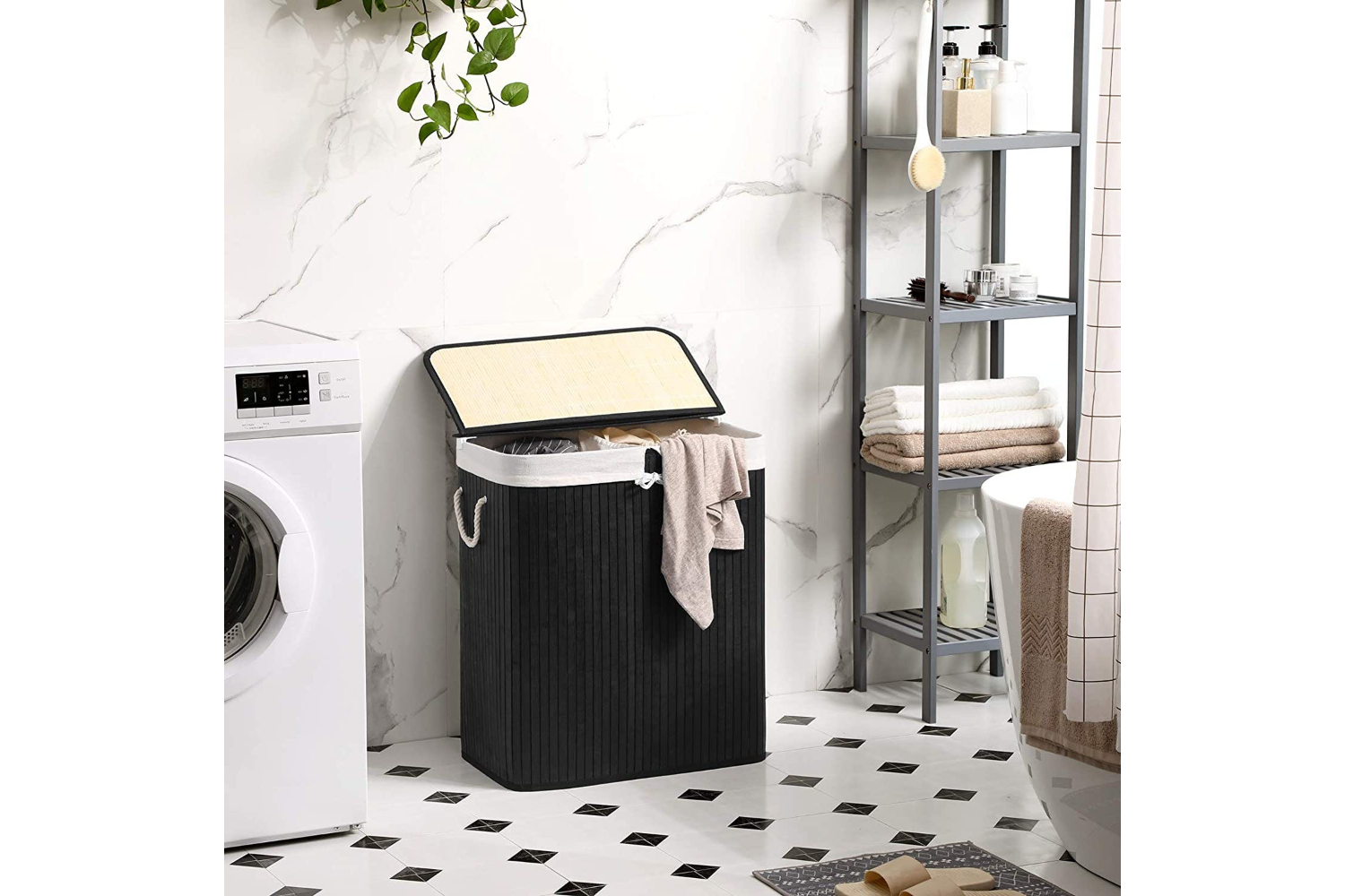 Songmics LCB64BK Bamboo Laundry Basket with 2 Compartments