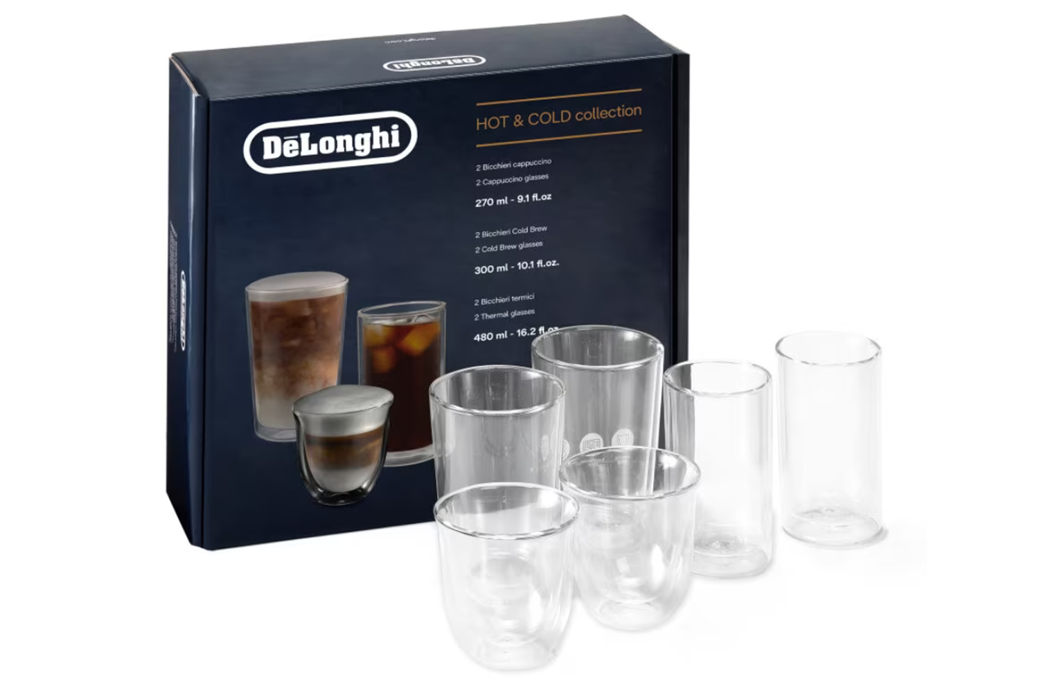 De'Longhi Hot & Cold Collection Double Wall Coffee Glasses | DLSC326 | 6 Pieces