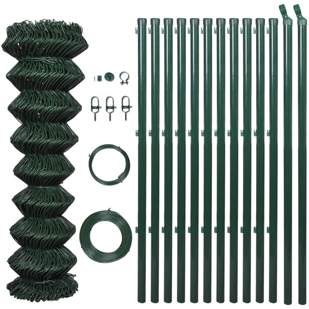vidaXL 140355 Chain Link Fence With Posts Steel 1.5x15 M Green