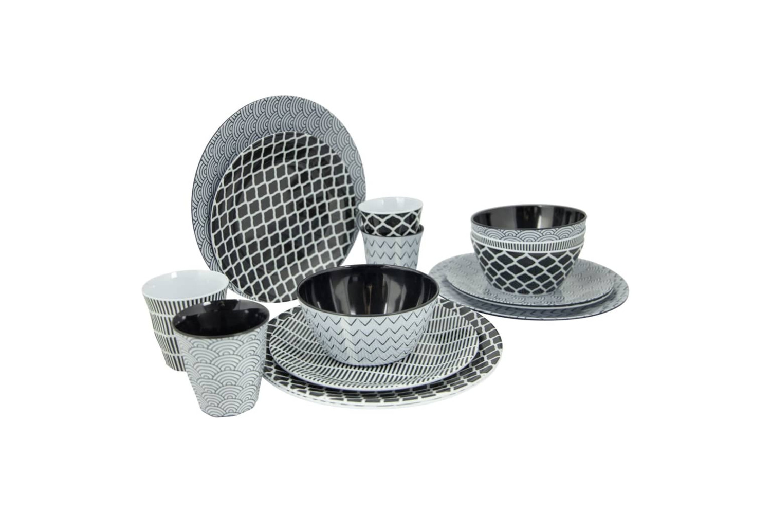 Bo-camp 441565 16 Piece Tableware Mix & Match Melamine Black And White